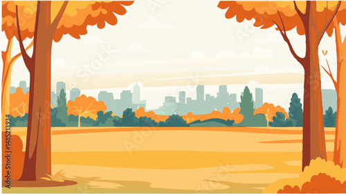 Illustration of a city skyline view through autumn trees in a park with orange and brown foliage