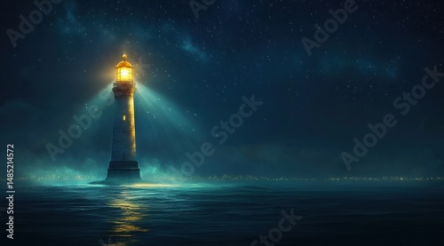 A glowing lighthouse shines in the night sky, illuminating an endless ocean of stars. 