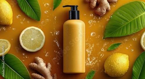 Fresh Citrus Body Lotion Surrounded by Ginger and Mint on a Vibrant Yellow Ba...