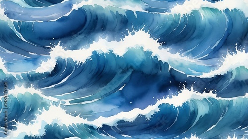 A Watercolor of blue ocean waves.