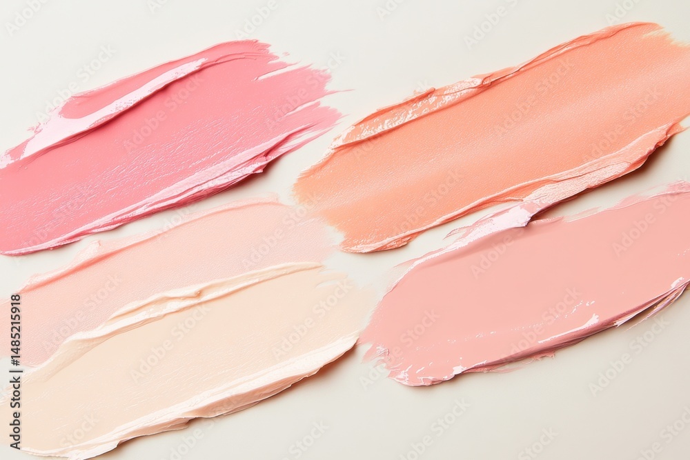 Colorful strokes of pink and peach paint arranged on a light surface highlight artistic creativity and texture in a bright workspace Colorful strokes of pink and peach paint arranged on a light surface highlight artistic creativity and texture in a bright workspace