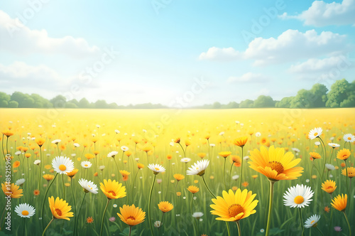 Field of red flowers Colorful wildflowers bloom in a lush field with mountains and a bright blue sky in the background.generative ai