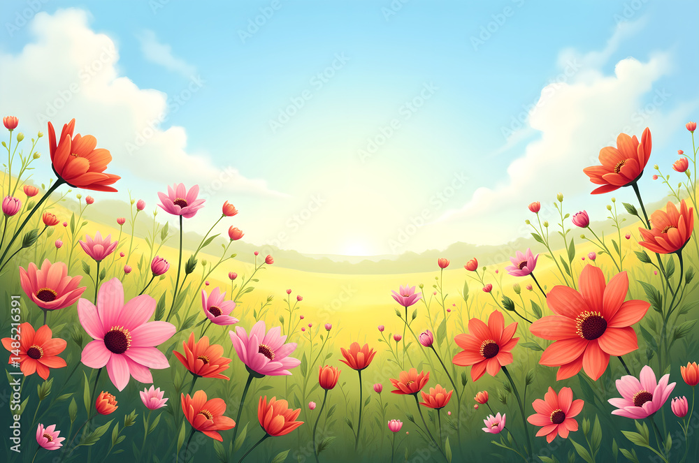 Fototapeta premium Field of red flowers Colorful wildflowers bloom in a lush field with mountains and a bright blue sky in the background.generative ai