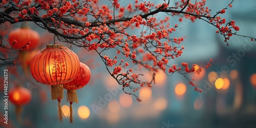 Colorful Lanterns Illuminate a Blossoming Branch During a Festive Celebration...