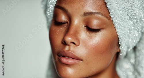 Close up of a Woman With Glowing Skin Wrapped in a Fluffy White Towel After a...
