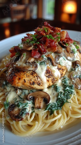 Delicious Grilled Chicken Pasta Topped With Creamy Sauce, Mushrooms, and Cris...