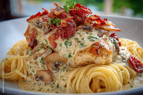 Delicious Creamy Pasta With Grilled Chicken and Crispy Bacon Served in a Brig...