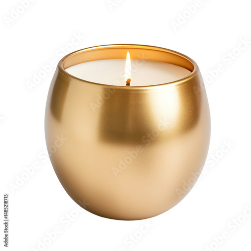 a gold candle is lit in a gold bowl