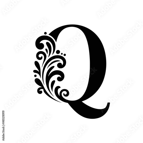 An ornate letter Q is adorned with intricate floral patterns, giving it an elegant and sophisticated appearance.