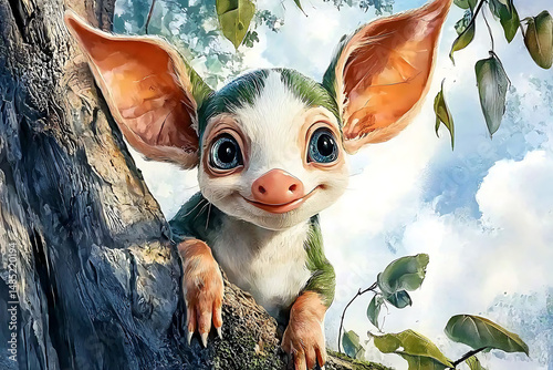 A whimsical big-eared creature with green and white fur peers from a tree smiling against a soft painterly backdrop.