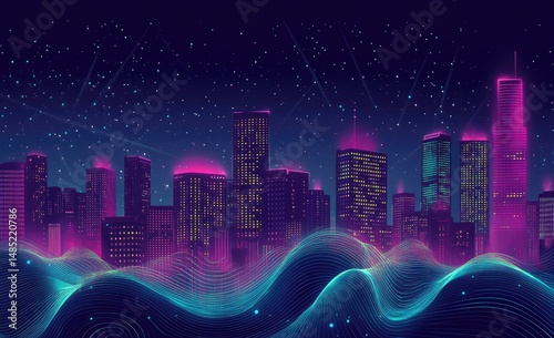 Neon cityscape at night with glowing waves