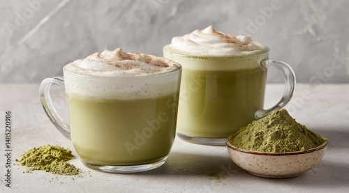 Two glasses of matcha lattes, topped with whipped cream