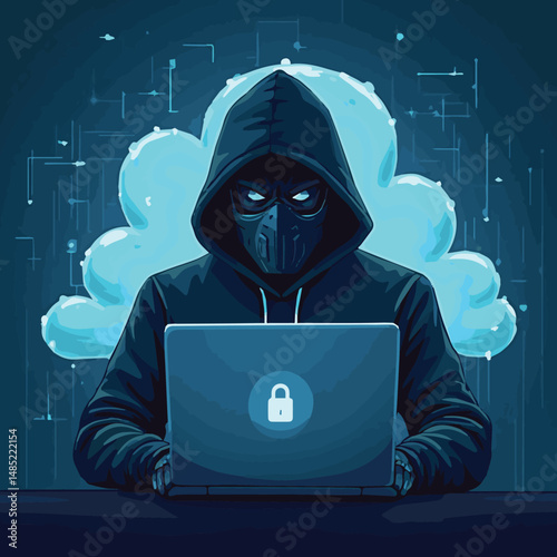Vector Illustration of Cybersecurity Threats Featuring Hackers, Cybercrime, Data Theft, Malware, Phishing, Encryption Breaches, Darknet Exploits, Firewall Protection, Digital Espionage, and Online 