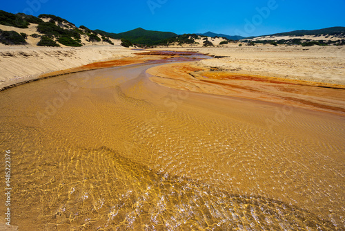 The heavily polluted Irvi River, which carries highly toxic heavy metals from the abandoned Montevecchio mine to the Spiaggia di Piscinas beach, Sardinia, Italy