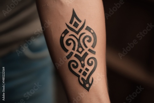 Intricate tribal tattoo design on forearm.