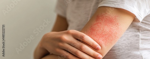 Close up of arm with red rash and hand touching it against a plain background in natural light