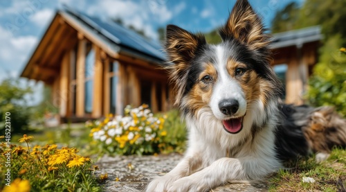Happy Dog Relaxing Outdoors Near a Sunny House With Flowers in the Garden on ...