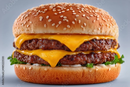 Double Cheeseburger With Lettuce and Mayonnaise on Sesame Seed Bun Served Ind...