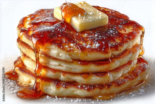 Delicious Stack of Fluffy Pancakes Topped With Butter and Syrup for a Perfect...