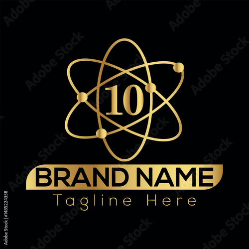 This atomic symbol vector illustration icon represents the science of an atom with its nucleus and orbiting electrons, a design often used to signify nuclear energy and 10 logo design
