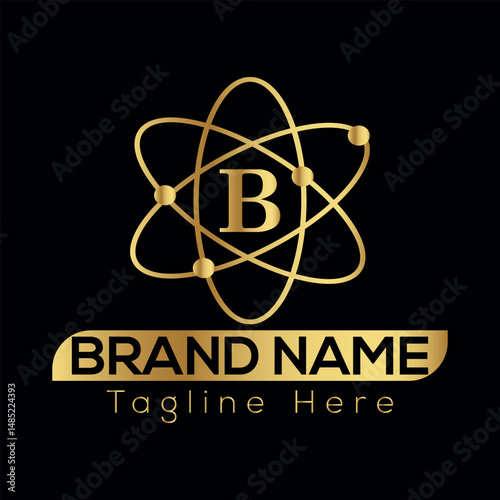 This atomic symbol vector illustration icon represents the science of an atom with its nucleus and orbiting electrons, a design often used to signify nuclear energy and B logo design