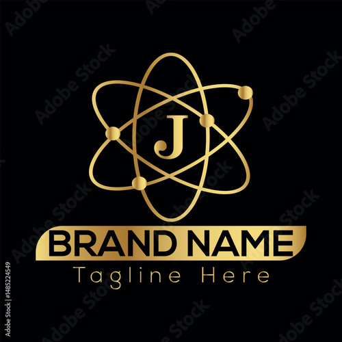 This atomic symbol vector illustration icon represents the science of an atom with its nucleus and orbiting electrons, a design often used to signify nuclear energy and J logo design