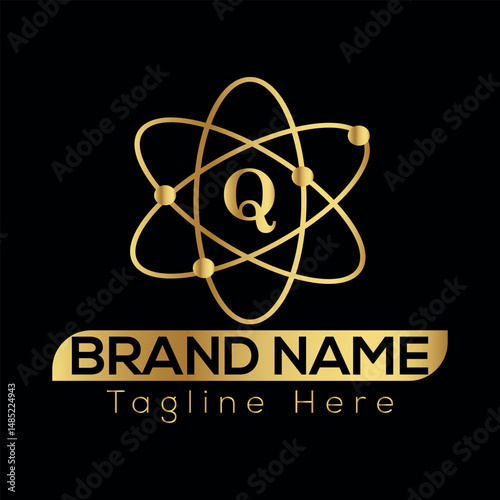 This atomic symbol vector illustration icon represents the science of an atom with its nucleus and orbiting electrons, a design often used to signify nuclear energy and Q logo design