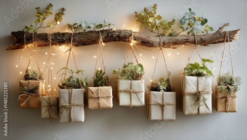 Decorative Wall Arrangement With Plants and Gifts Illuminated by String Lights