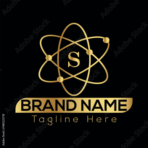 This atomic symbol vector illustration icon represents the science of an atom with its nucleus and orbiting electrons, a design often used to signify nuclear energy and S logo design