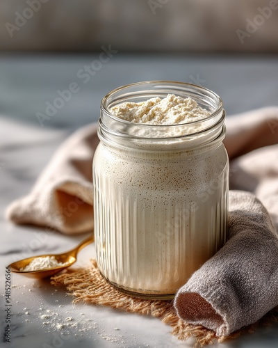 The Soul of Sourdough: Active rye sourdough starter in glass jar for homemade artisan bread.Part of the “The Soul of Sourdough” series, this image shows an active rye sourdough starter in a glass jar.