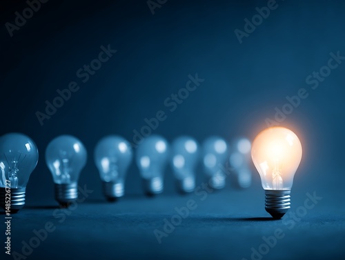 Bright Ideas Stand Out A single illuminated lightbulb leads a row of unlit bulbs signifying innovation, creativity, and unique thinking.