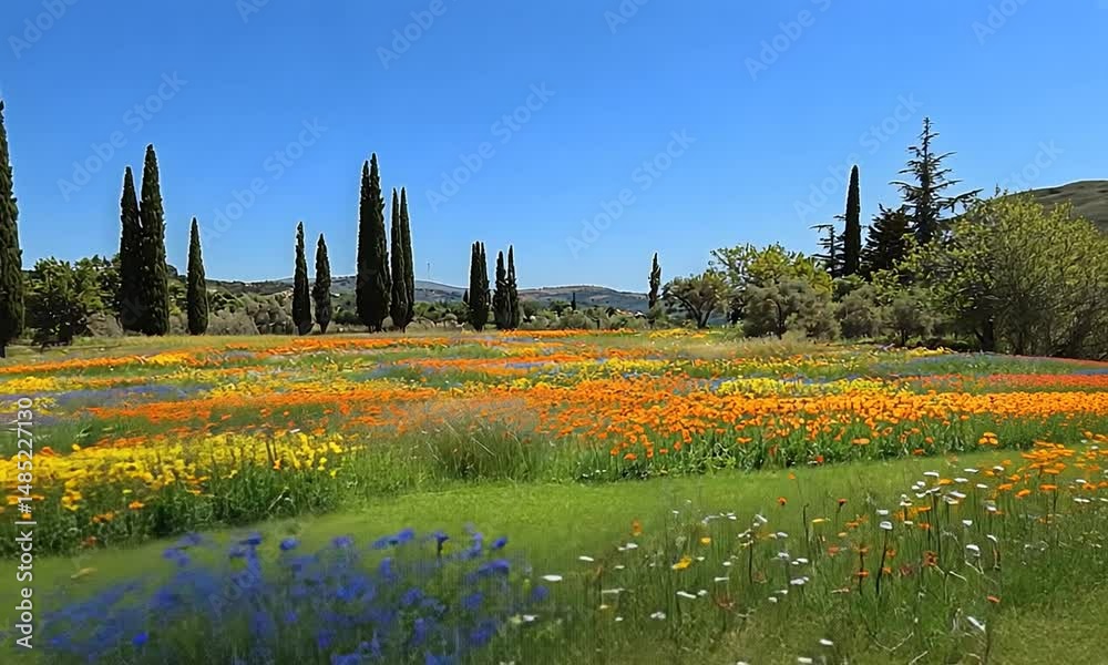 Vibrant wildflower meadow in springtime, surrounded by tall cypress trees under a clear blue sky