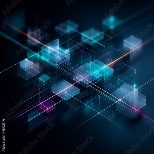 Abstract Data Network: Connecting Cubes with Light Trails in a Futuristic Techscape photo