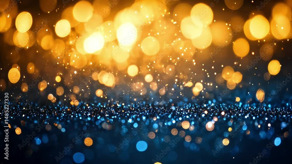 vibrant blue and gold bokeh sparkles on a dark festive background