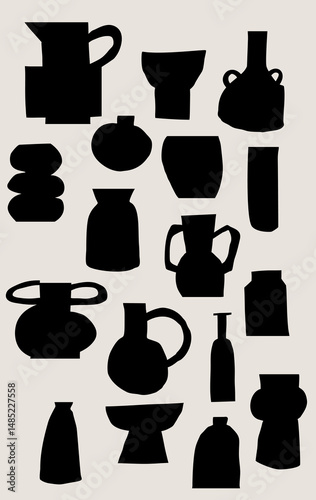 A collection of black silhouette cutouts of modern vases and vessels on a light beige background hand drawn in abstract and minimalist style. Vector home decor illustration poster