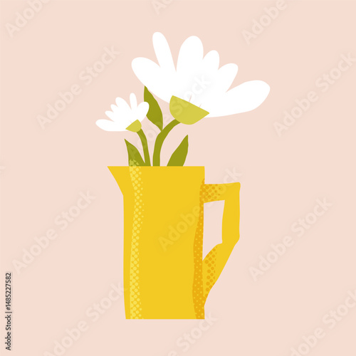 Vector paper cutout flat vase jar with abstract flowers bouquet in pastel tones, featuring halftone texture and collage style. Minimalist hand drawn illustration for posters, invitations, web design