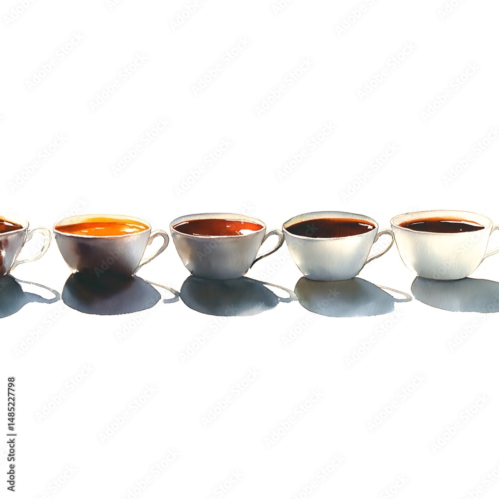 A Row of Coffee Cups with Different Shades of Coffee, an Artistic Watercolor Illustration.