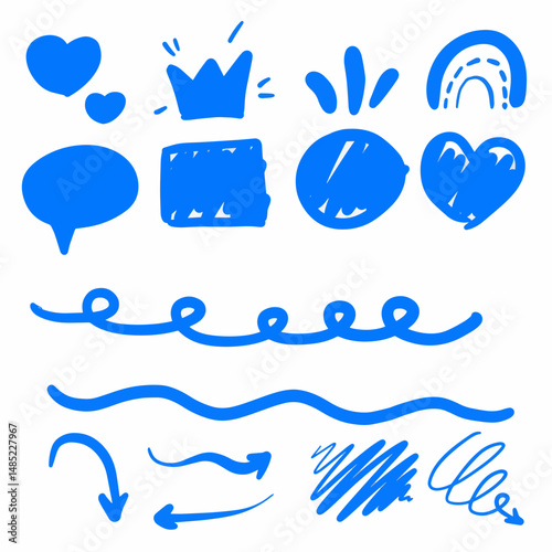 Blue Hand-Drawn Doodles with Hearts, Crown, Speech Bubble, Rainbow, Lines, and Arrows on White Background for Creative Projects and Design