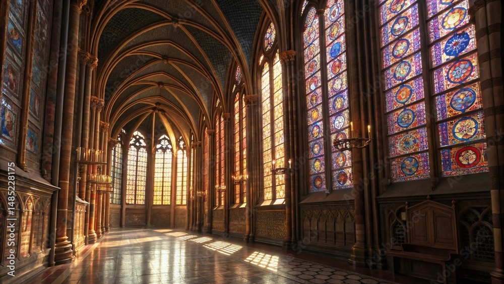 Fototapeta premium Cathedral's Light Embrace: Sunlight streams through stained-glass windows, illuminating the intricate architecture and vaulted ceilings of a grand cathedral interior.