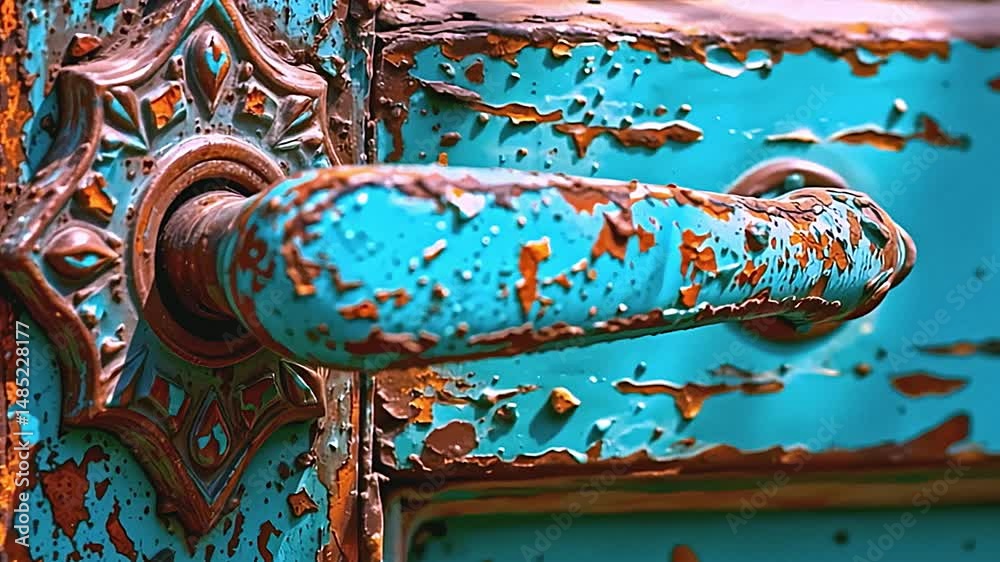 close-up view of weathered turquoise door handle intricately designed ornate metalwork. door itself heavily corroded vibrant turquoise paint peeling away to reveal rusty oxidized surface....