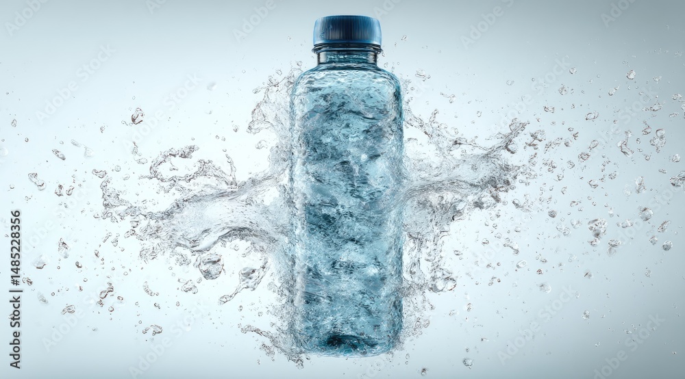 Refreshing water bottle erupting in a burst of icy water Refreshing water bottle erupting in a burst of icy water