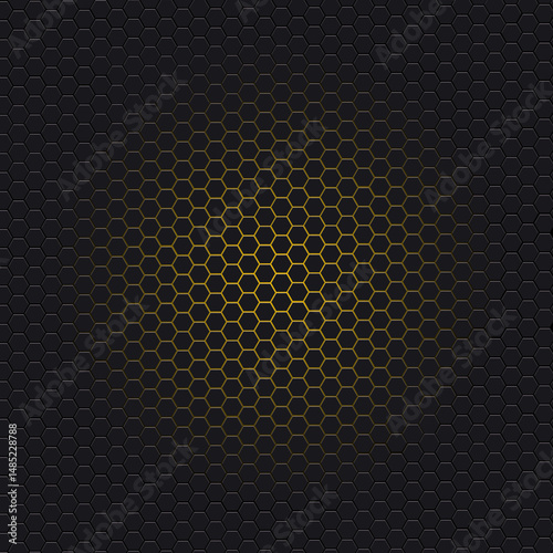 Futuristic honeycomb texture on black background with yellow glow light in the center