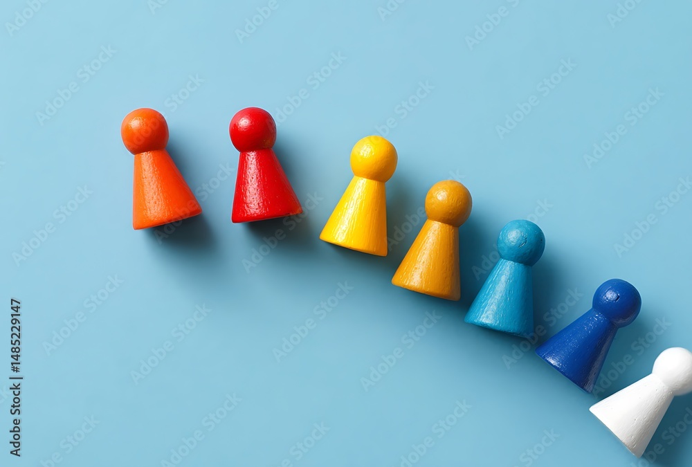 Obraz premium Colorful Wooden Game Pieces Arranged in a Rainbow Pattern on a Light Blue Background Representing Diversity and Teamwork