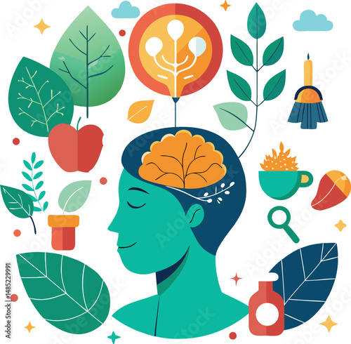 Colorful Illustration of a Mind with Nature and Wellness Elements