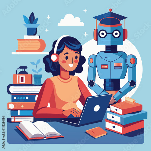 Woman Studying with Robot Tutor at Desk Illustration