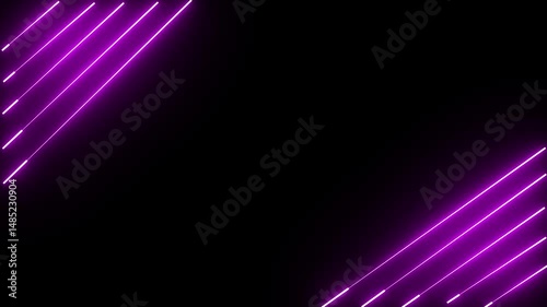 Horizontal neon line animation moving from right to left on black screen. Abstract glowing neon lights blinking lines moving animation.