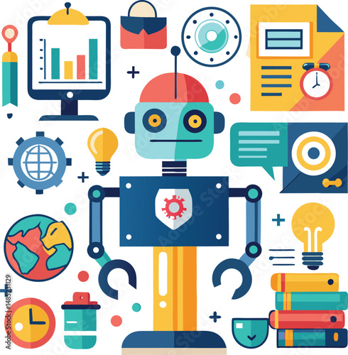 Colorful Flat Design Robot and Technology Icons Illustration