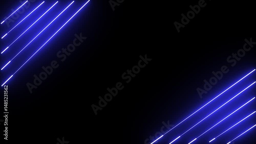 Horizontal neon line animation moving from right to left on black screen. Abstract glowing neon lights blinking lines moving animation.