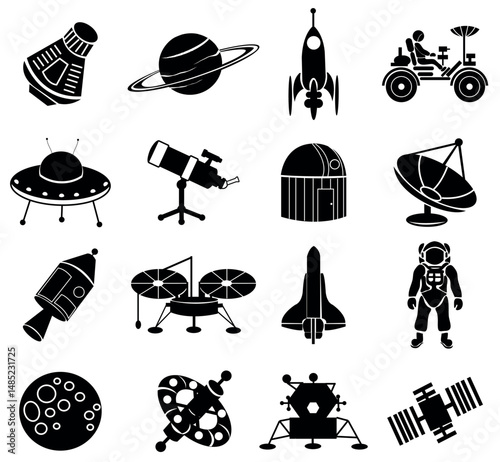 Black and white icon set featuring space exploration elements and celestial objects