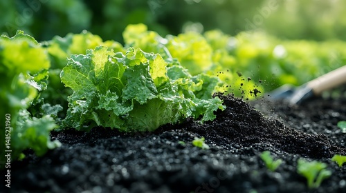 close up of a shovel breaking into rich, dark topsoil and adding it to a bed of young vegetables, with soil being gently worked into the ground around the plants